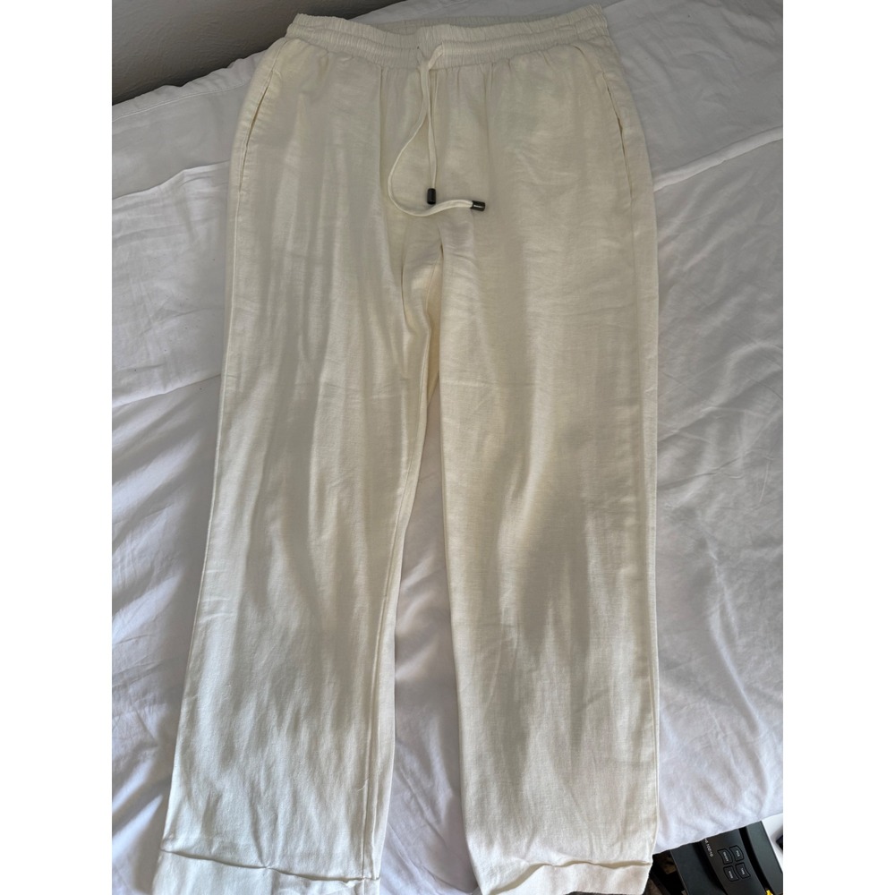 Cable & Gauge Studio Linen blend, straight Leg Drawstring Waist Pants Women S